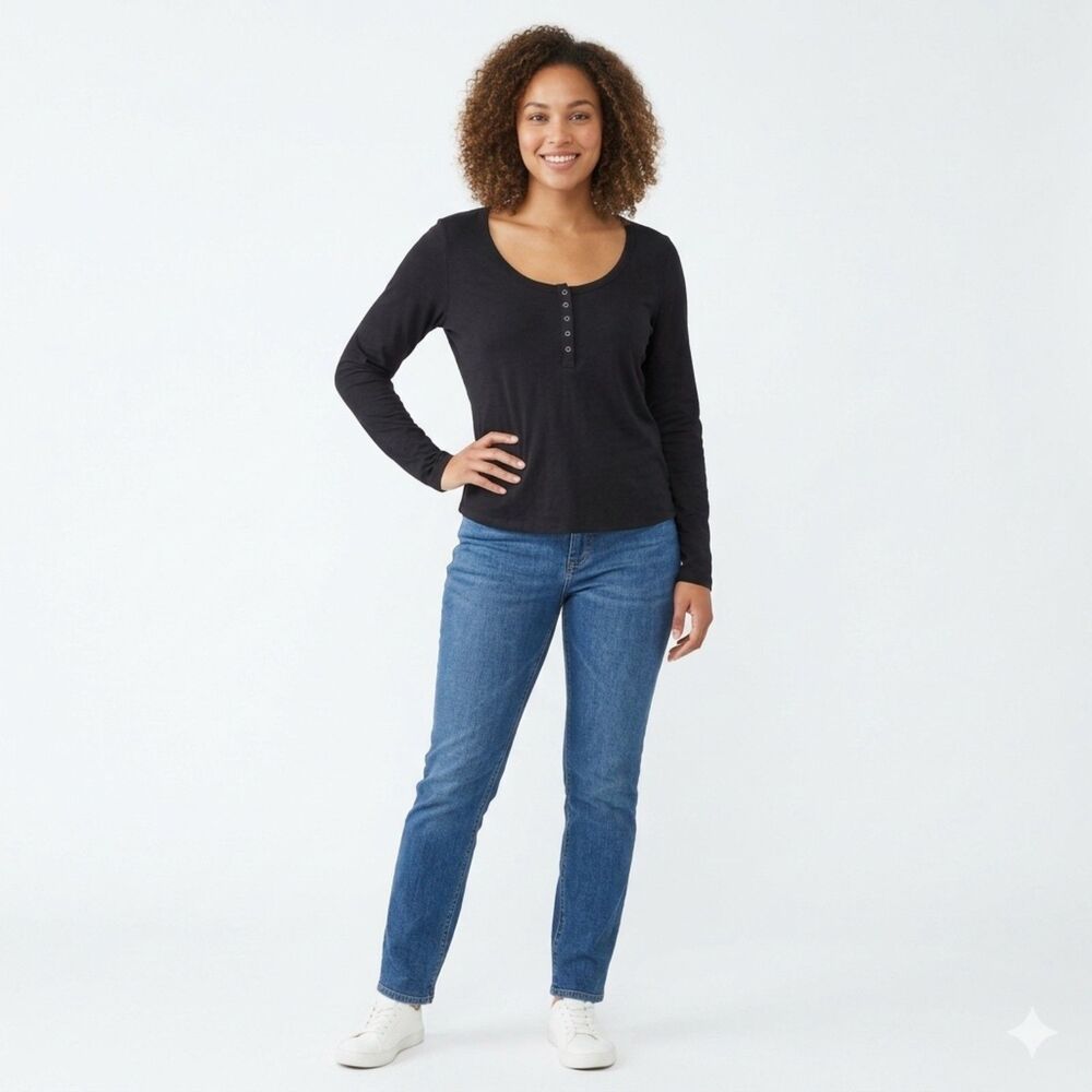 Halara Long Sleeve Henley Top Scoop Neck Button Front Black Large